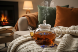 Decaf black tea, Cornflower petals, Natural flavors. Earl Grey in TeaPot with Hot Water. Cosy Background.