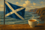the scottish flag and a cup of tea with the sea as a background a painting