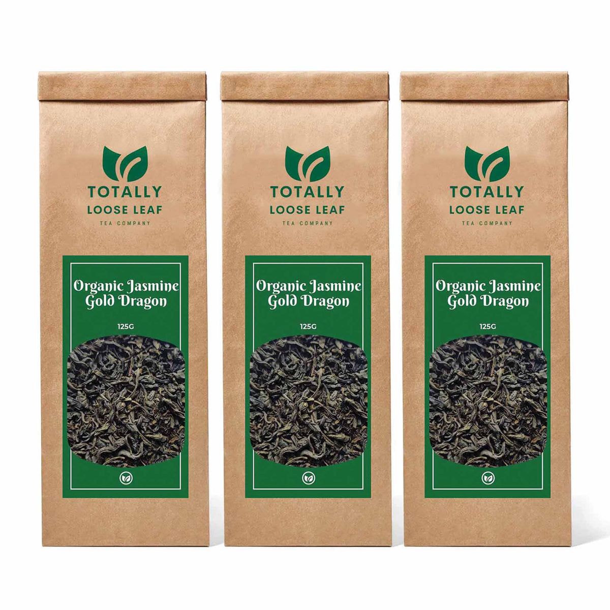 Organic Jasmine Gold Dragon Green Loose Leaf Tea - three pouches